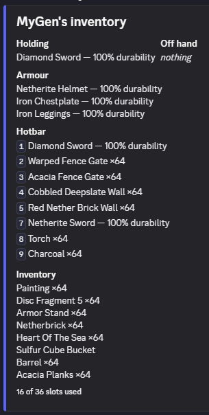 A player's inventory in Discord: held item, armour, hotbar and inventory
