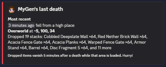 The Last death answer in Discord: how, when and where a player died, and what they dropped