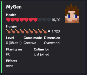A player card in Discord showing health, hunger, level, game mode and effects