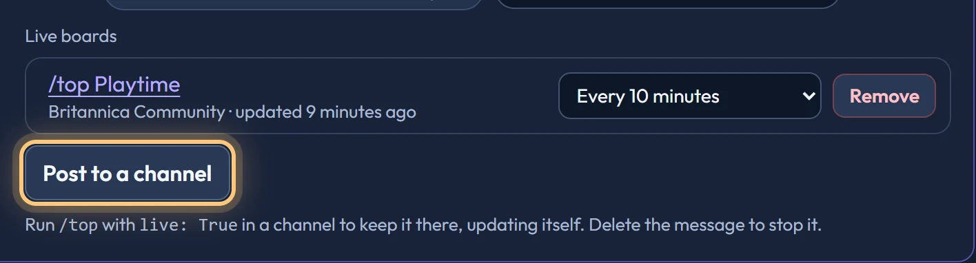 The Live boards list on a world's Plugins tab, with each board's channel, how often it updates and when it last did