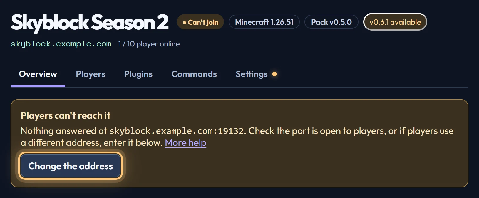 The Can't join notice on a world's Overview tab, saying nothing answered at the server's address, with a button to change the address