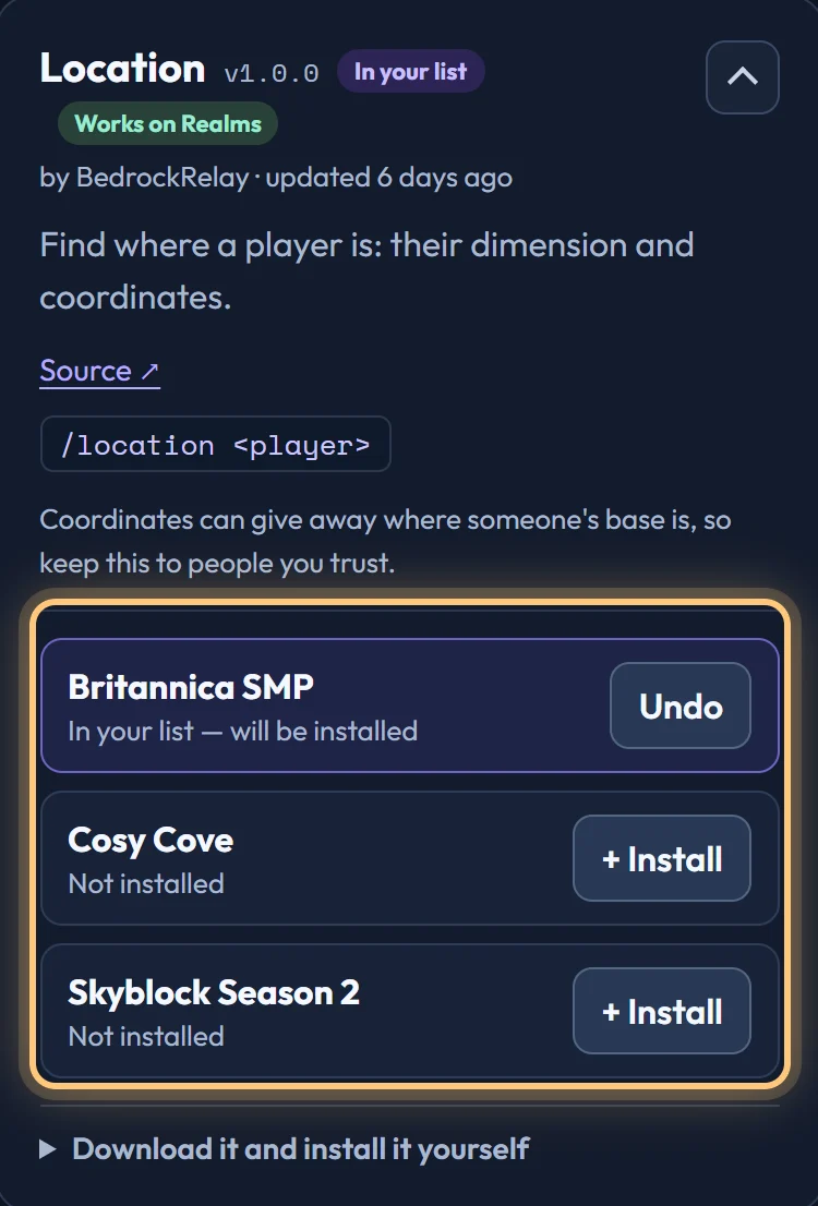The Location plugin's card opened on the Plugins page, with an Install button beside each Minecraft world; it has been added to the list for Britannica SMP