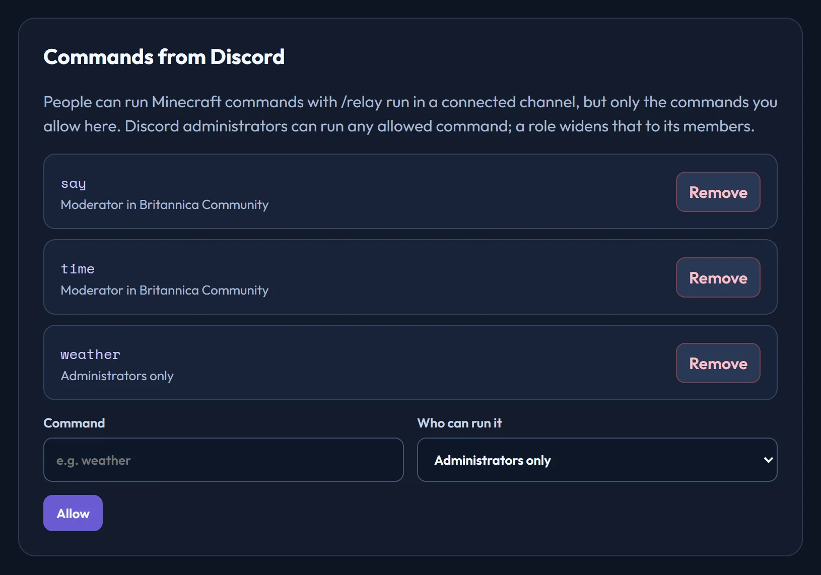 The Commands tab, listing allowed commands and who can run each, with the form for adding a rule