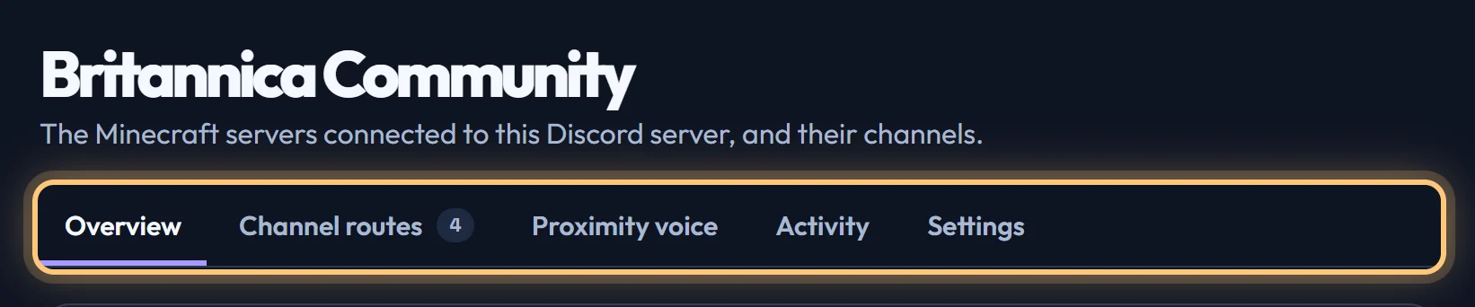A Discord server's page, with its five tabs: Overview, Channel routes, Proximity voice, Activity and Settings