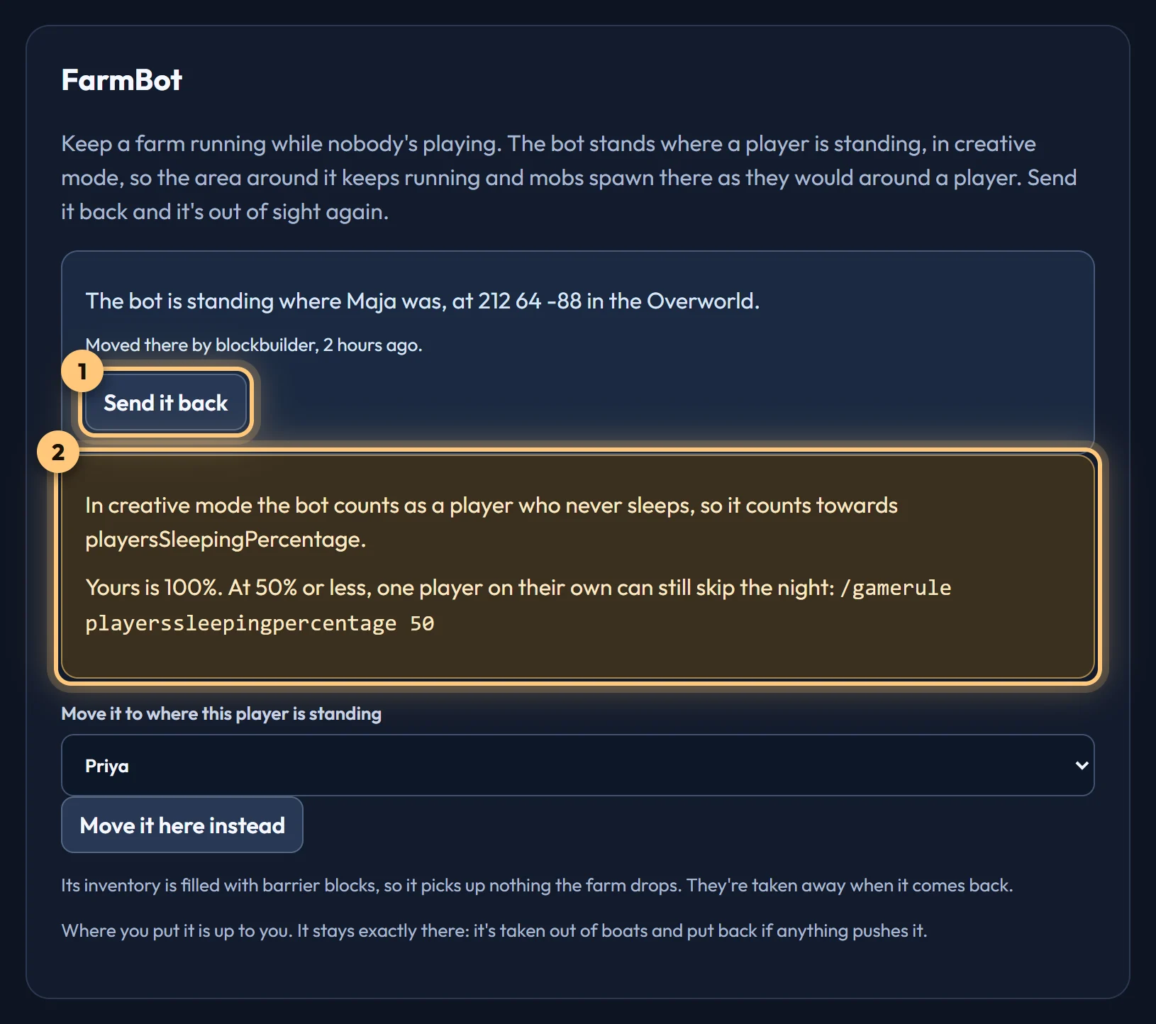 The FarmBot card on a Realm's Settings tab: where the bot is standing, a Send it back button, and the sleeping warning