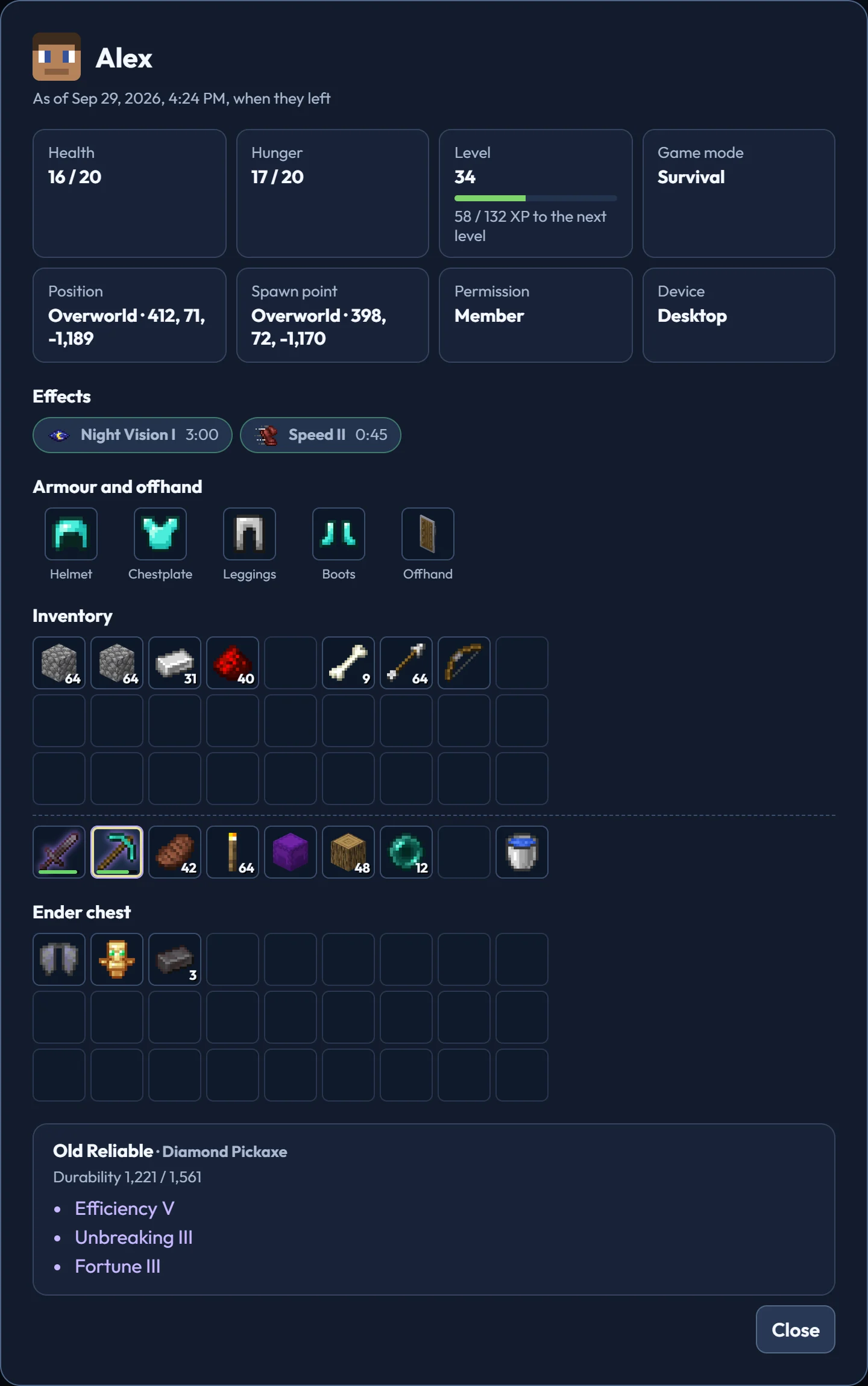 A player's details: health, hunger and level along the top, then position, armour, and an inventory grid with an enchanted item selected