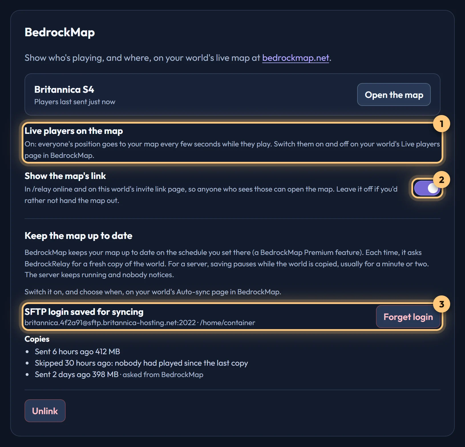 The BedrockMap card on a server's Integrations tab, linked to a map: live players on, the map's link switch, and the saved SFTP login with the last few copies
