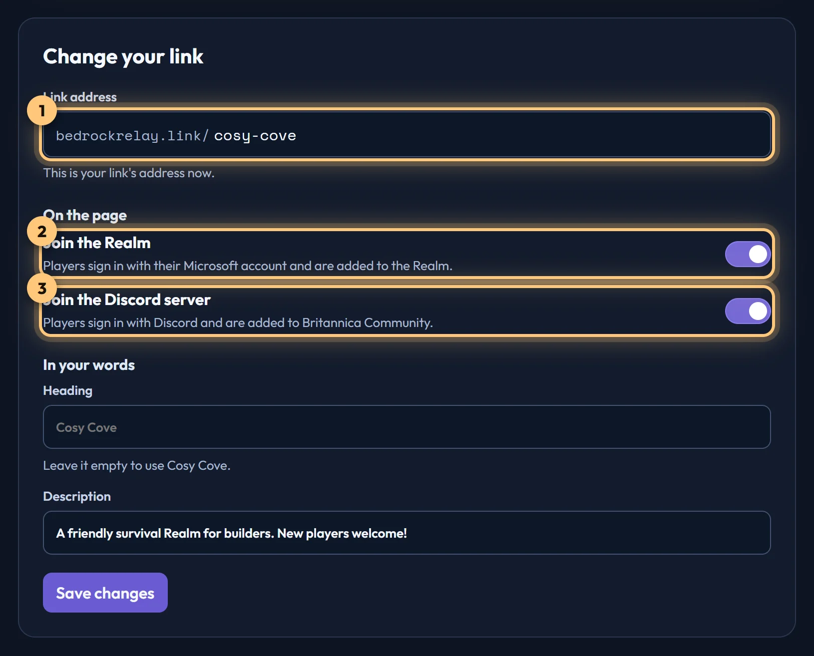 The Invite link tab's settings: address, what the page shows, heading and description