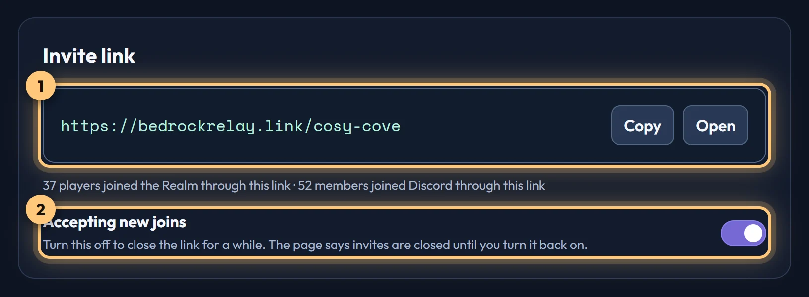 The Invite link tab with the link and the Accepting new joins switch