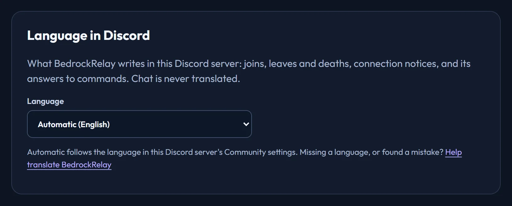 The Language in Discord card on a Discord server's page, with Automatic chosen