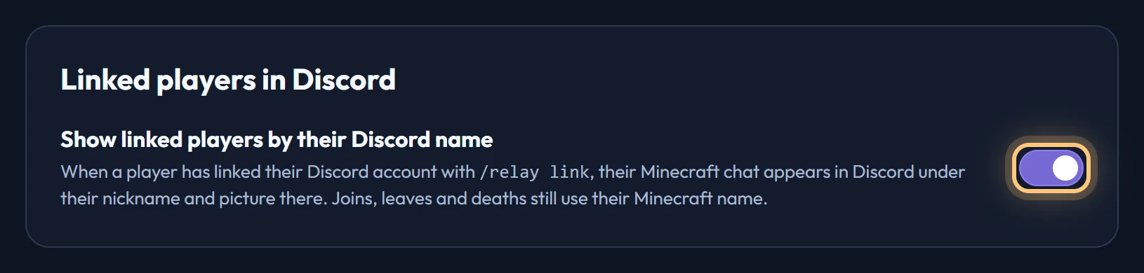 The Settings tab's Linked players in Discord switch