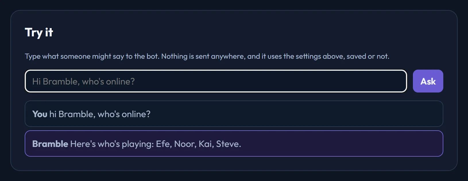 The Try it box: asked "hi Bramble, who's online?", the bot lists the players online