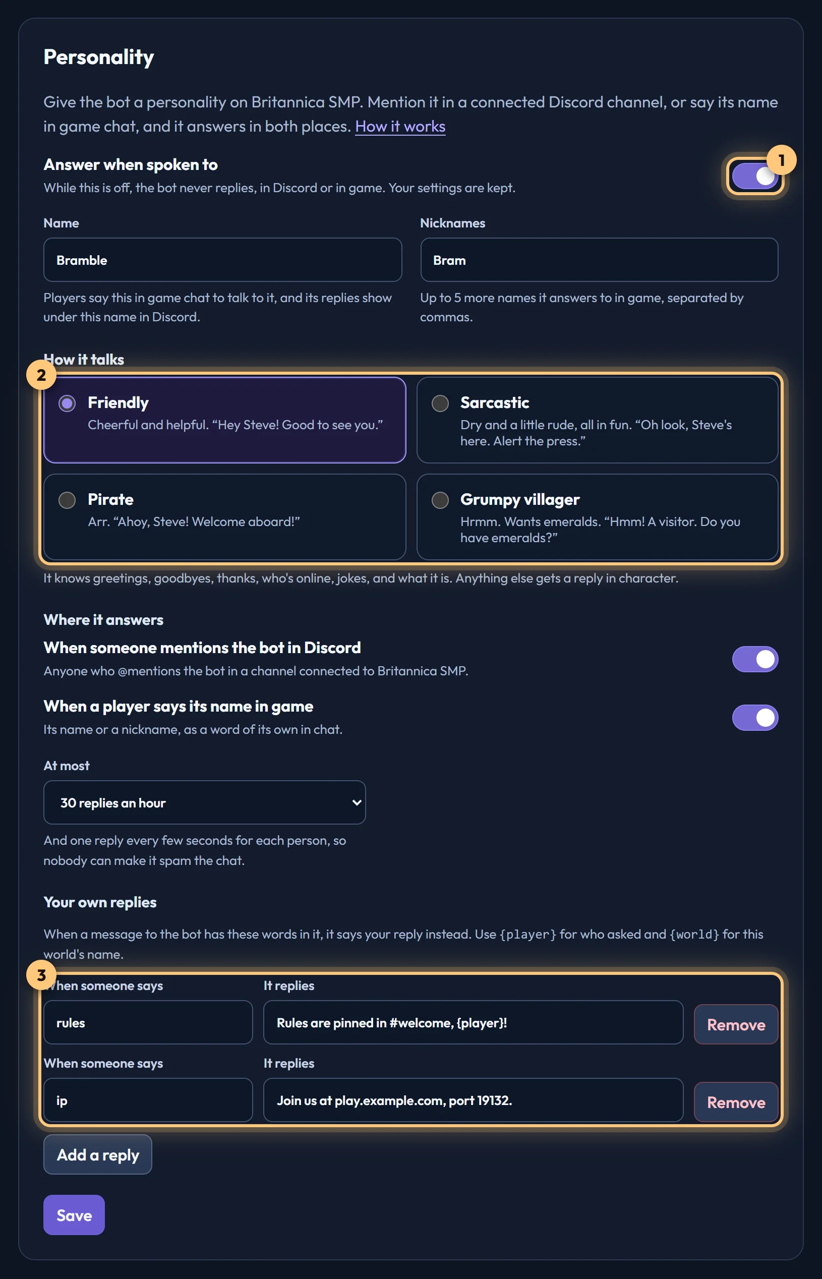 The Personality tab: the Answer when spoken to switch, the name Bramble with the nickname Bram, the four ways of talking with Friendly chosen, where it answers, and two of the owner's own replies