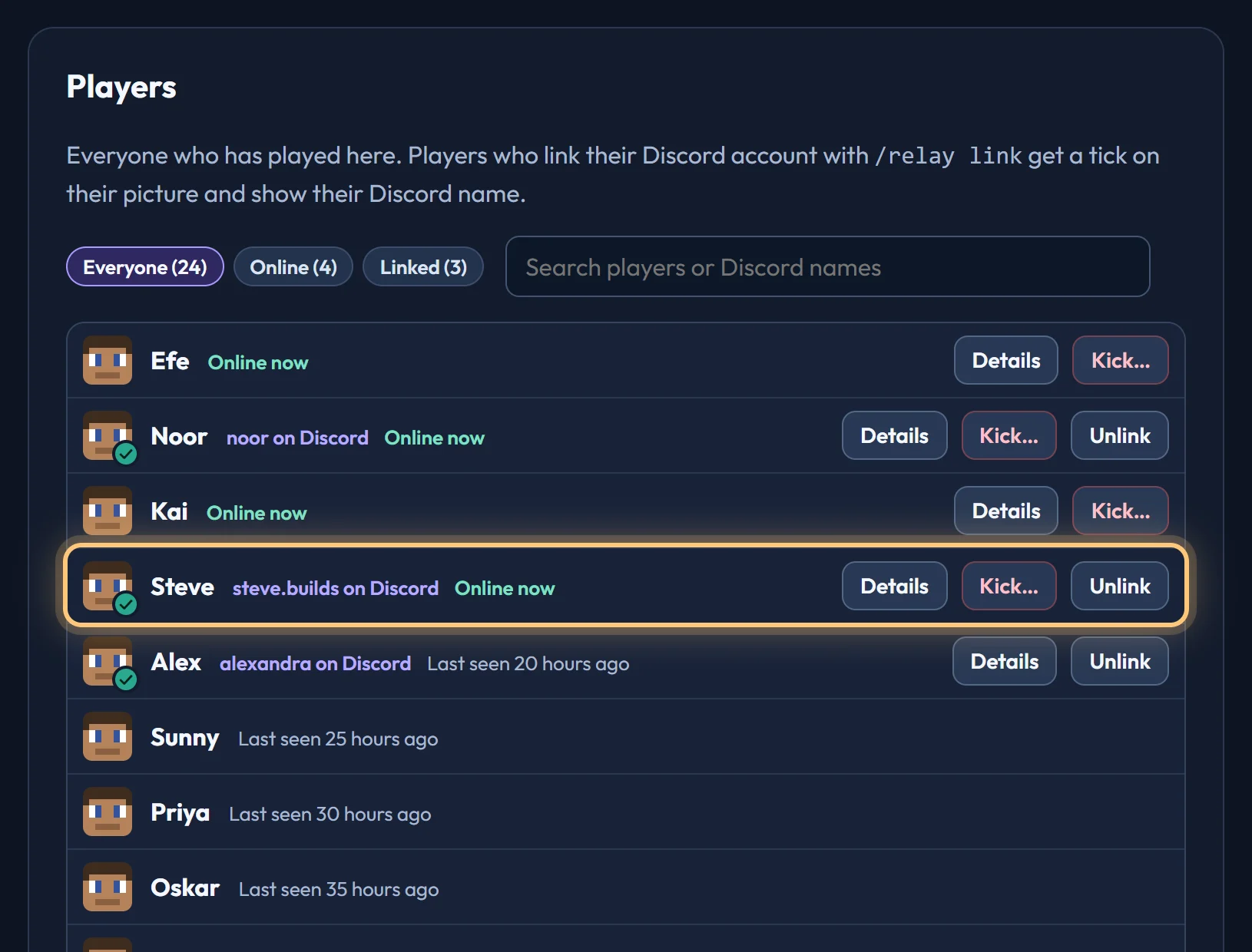 The Players tab: a searchable list of everyone who has played, with online players first and linked players marked with a tick and their Discord name