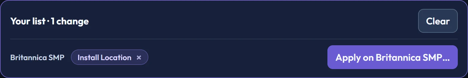 The list at the bottom of the Plugins page, showing one planned change and the Apply on Britannica SMP button