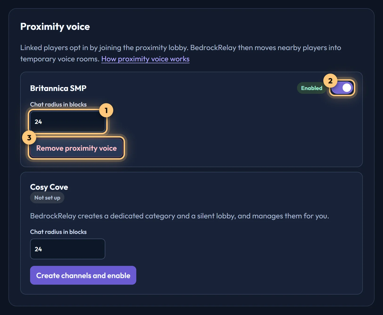 The Proximity voice card on a Discord server's page, with the chat radius, the on/off switch and the Remove button
