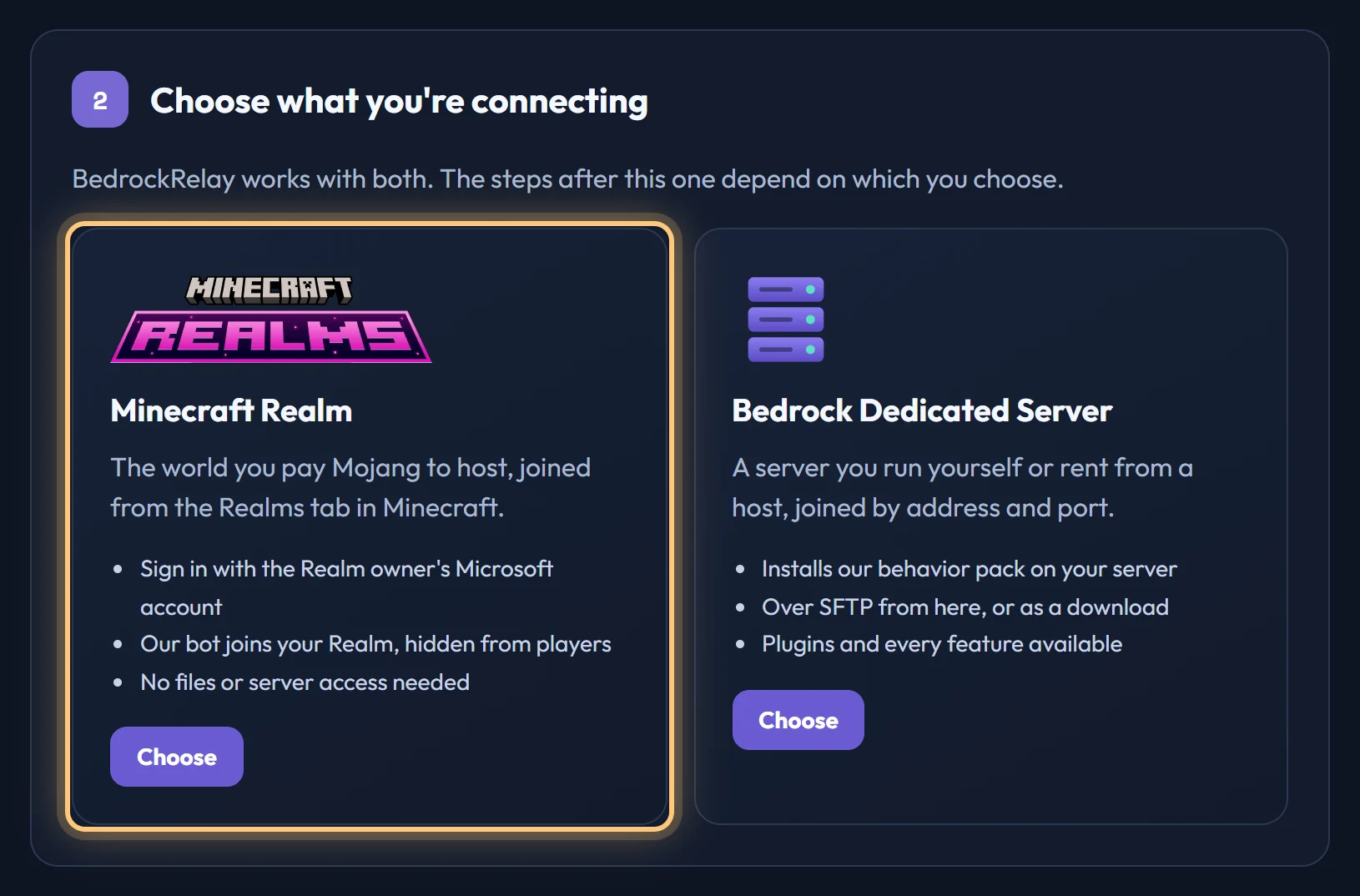 Setup asking what you're connecting, with Minecraft Realm and Bedrock Dedicated Server side by side