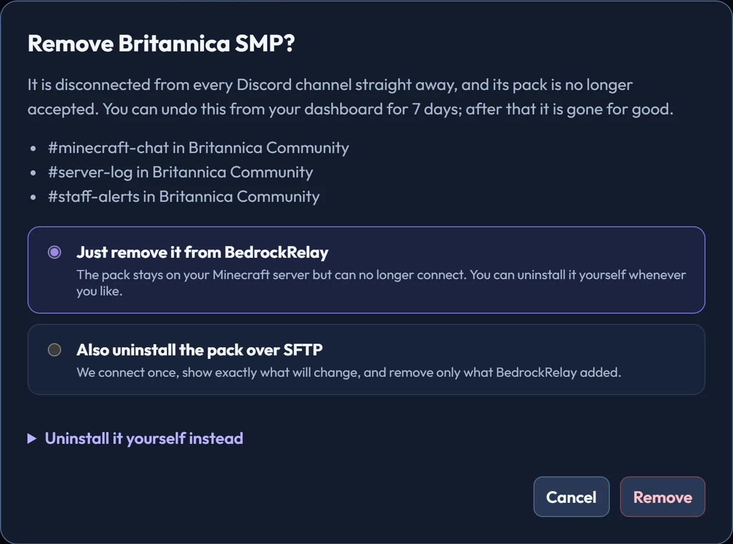 The remove dialog, listing the channels that will stop relaying, with the choice to just remove the server or also uninstall the pack over SFTP