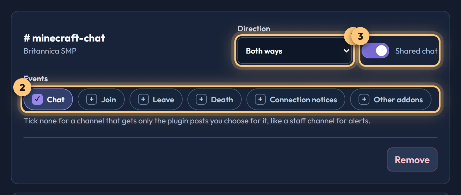 A connected channel on the Discord server page, showing its direction, its event checkboxes and the Shared chat switch