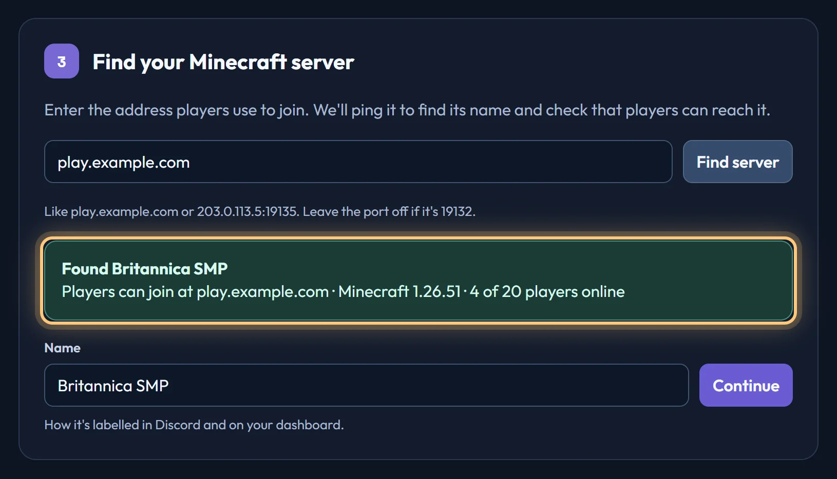 Step 2 of setup: the server address has been entered and BedrockRelay found the server, its version and how many players are online