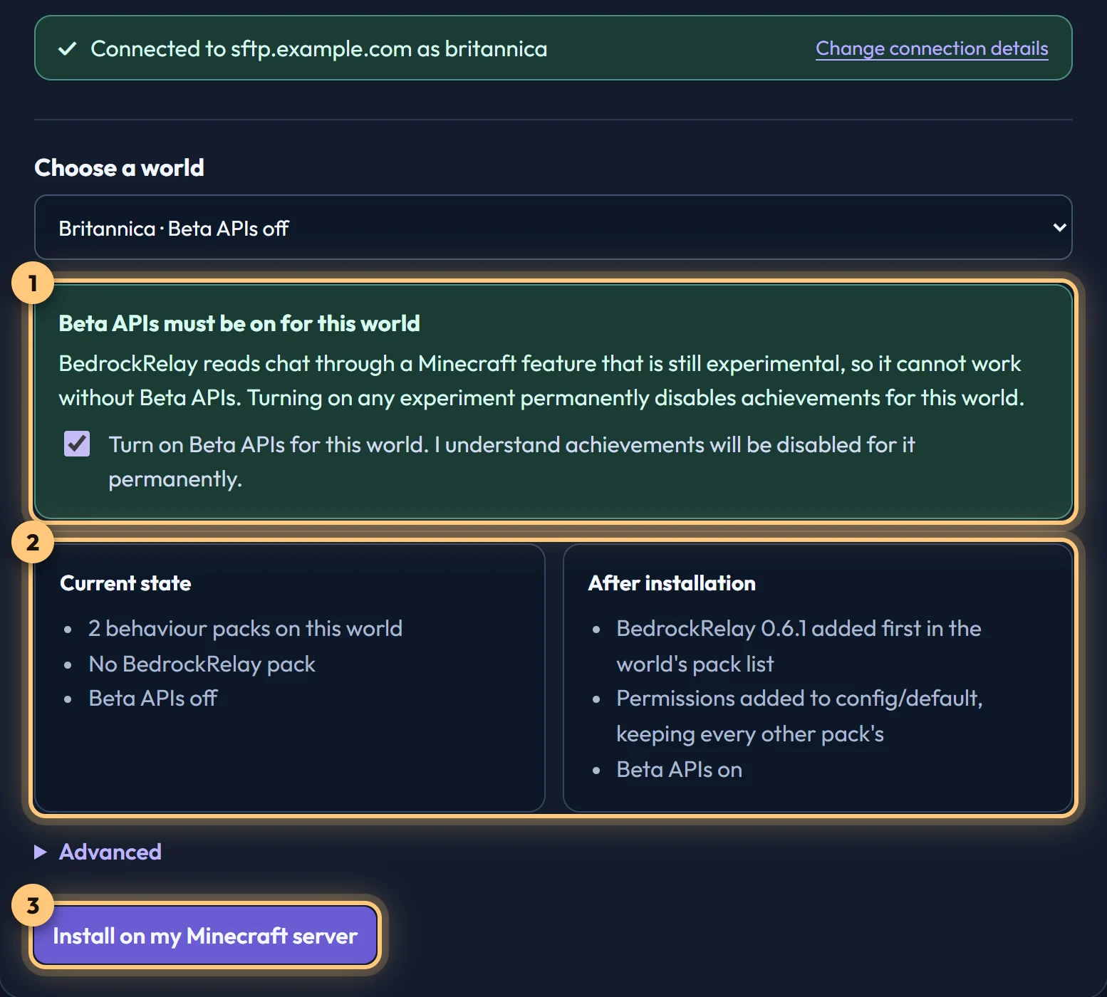 The install preview, listing the world's current state beside what it will be after installing, with the Beta APIs agreement and the Install button