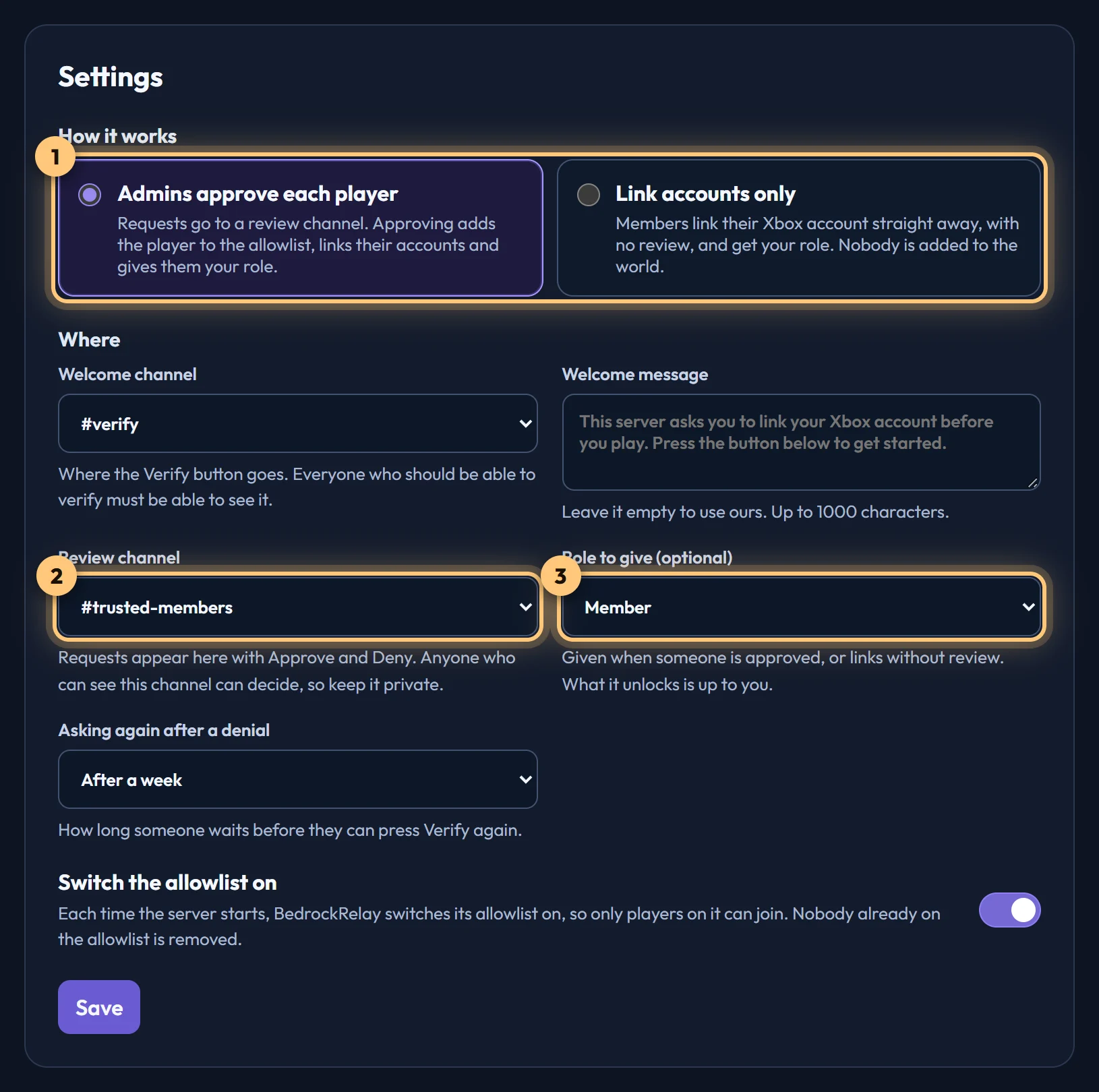 The Verification tab's settings: how it works, the welcome and review channels, the role to give, and asking again after a denial
