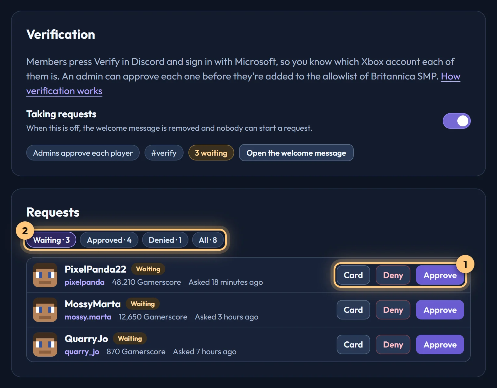 The Verification tab: waiting requests with Approve and Deny, and filters for approved and denied