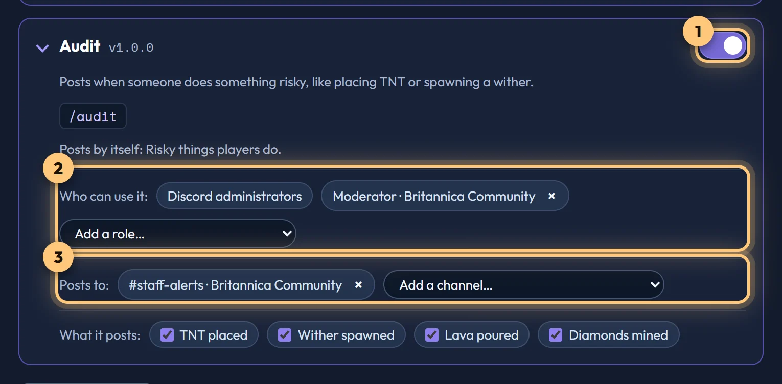 A plugin's card on a world's Plugins tab: its on switch, who can use it, the channels it posts to, and the kinds of post it makes